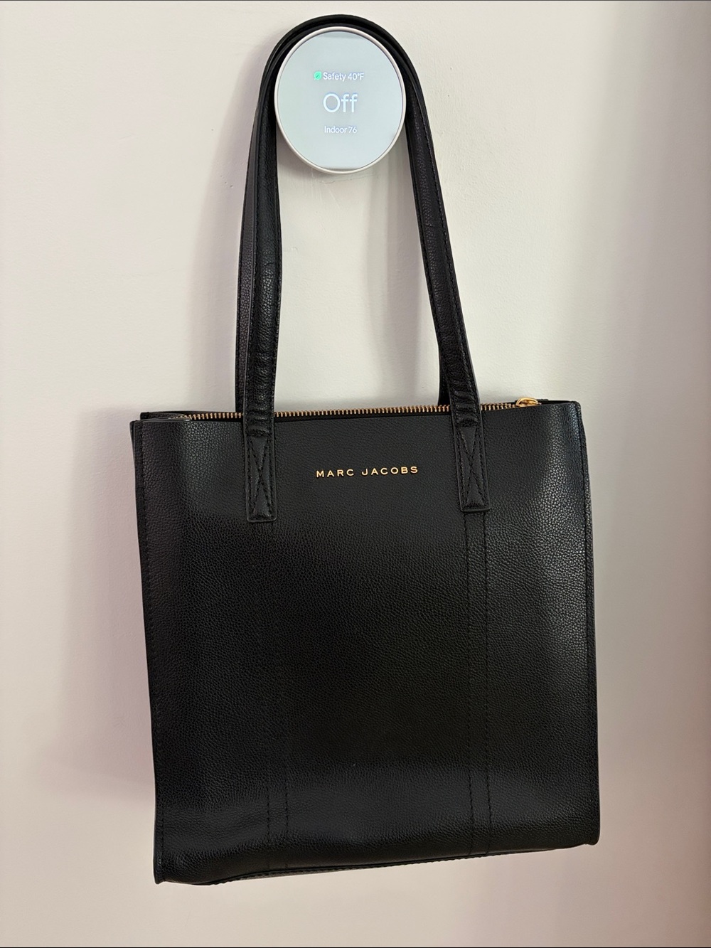 Marc Jacobs Black Leather Logo Tote with Gold Hardware